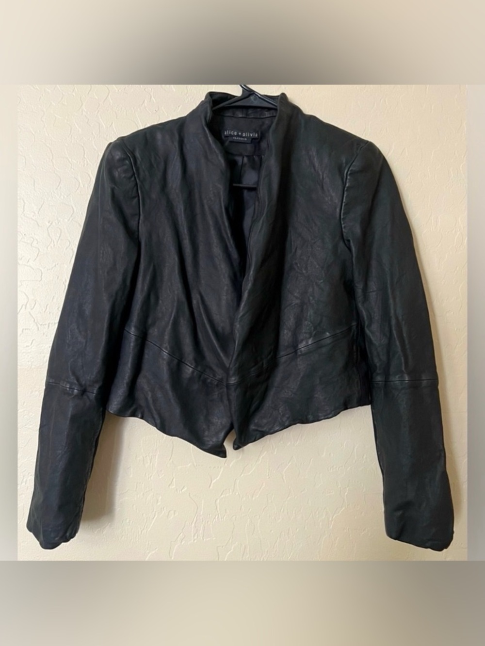 Alice + Olivia Black Lamb Leather Cropped Moto Jacket Draped Open Front Size S